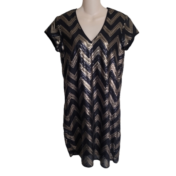 H&M Black Gold V-Neck Chevron Sequins Night Out Dress Size Women's Small 6 - Picture 2 of 10